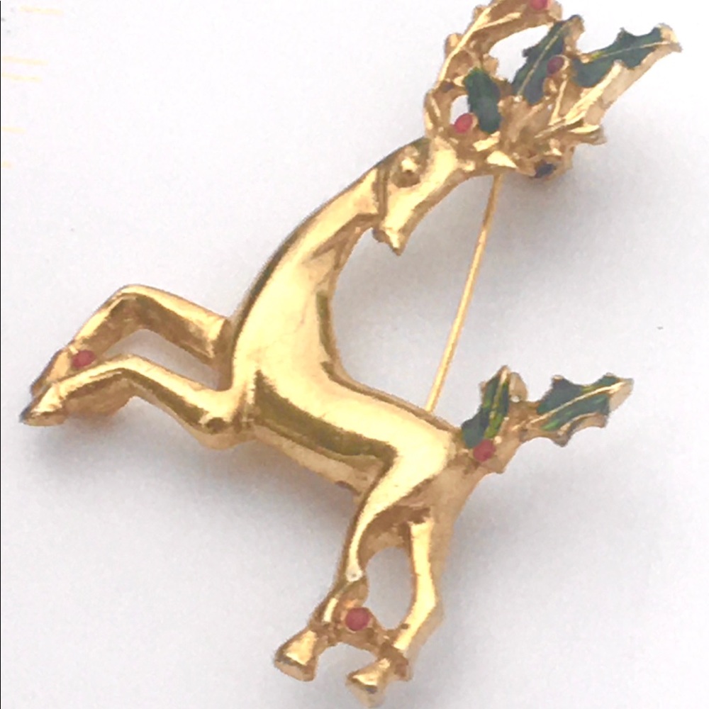 Christmas Brooch , Rein Deer,  Gold toned